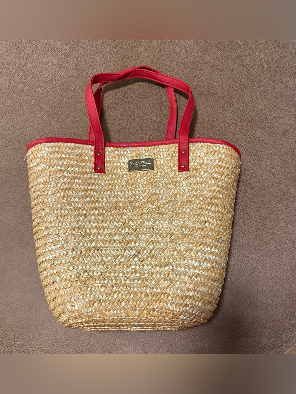 Laura Geller Natural Straw Tote with Red Trim and Handles